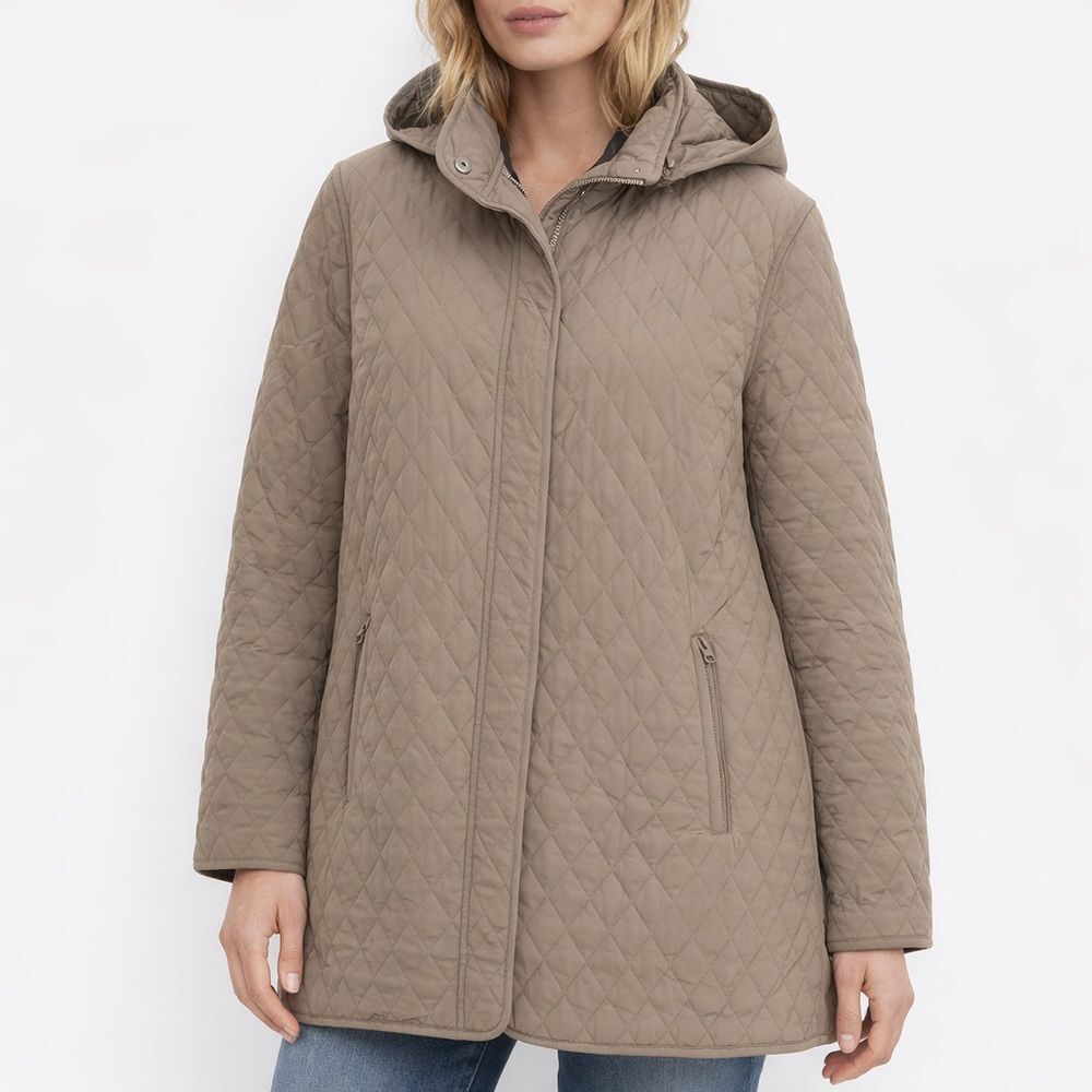 Garnet Hill Quilted Car Coat Women’s Size 14 Taupe Tan Hooded Lightweight Jacket